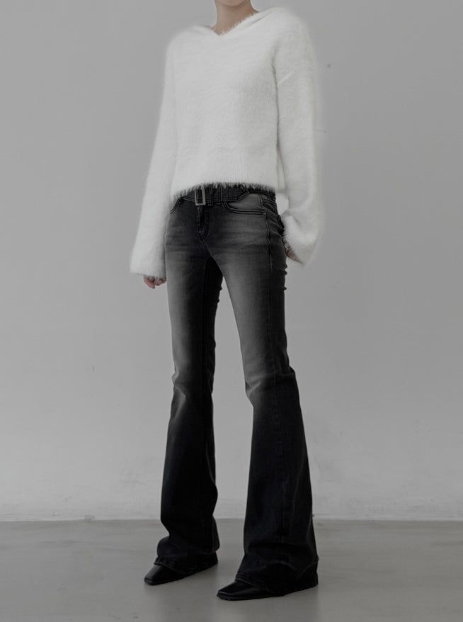 Belted washed bootcut black denim