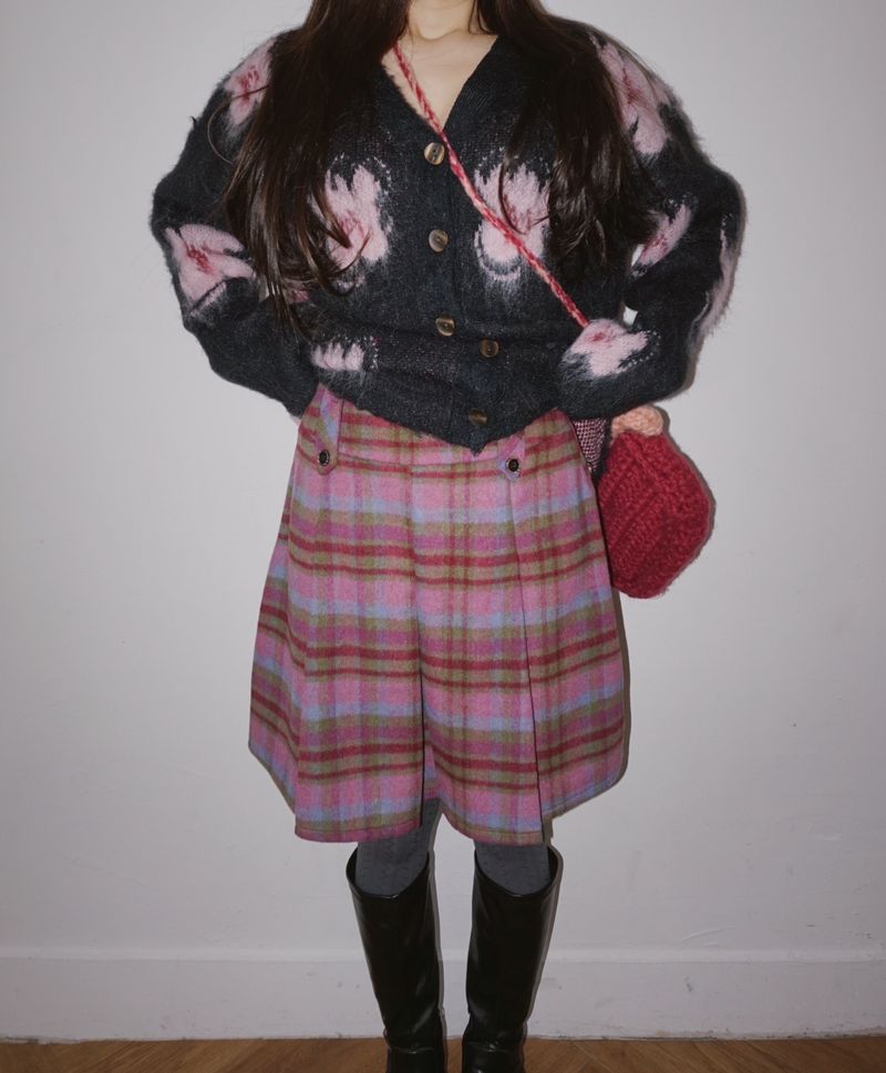 wool checkered midi wool skirt