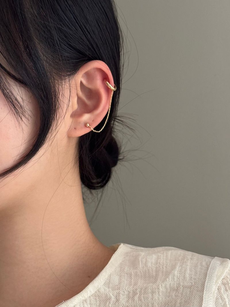 Amber Ring Two-Pin Ear Cuff Earrings / 3 Colors / Daily Simple Chain