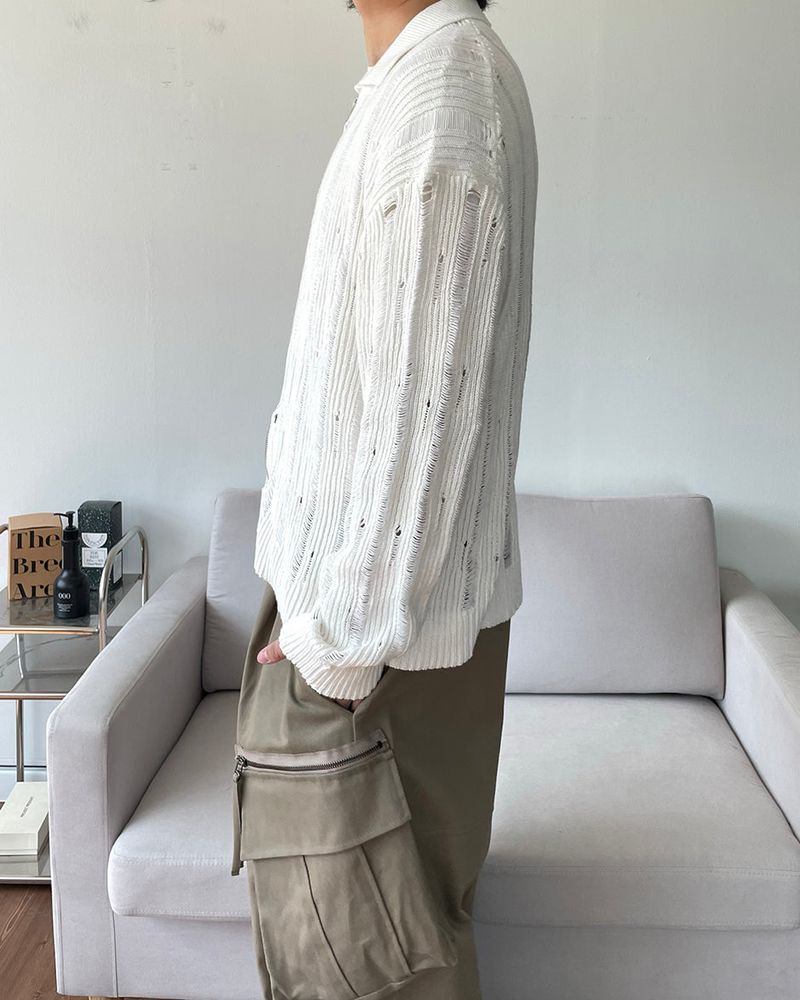 Eyelet Zip-up Knit Cardigan