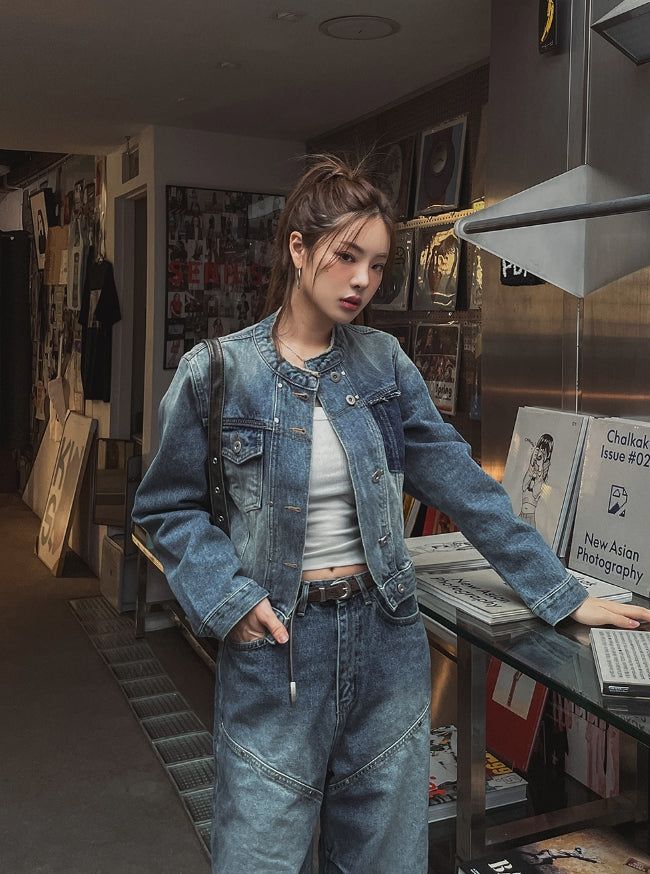 Chike Unbalanced Cropped Denim Jacket