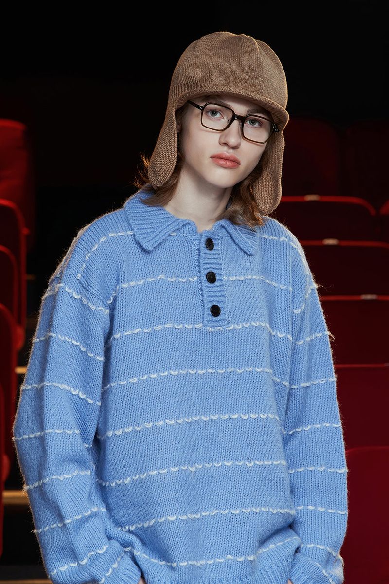 STITCH RUGBY POLO KNIT / SKY BLUE
