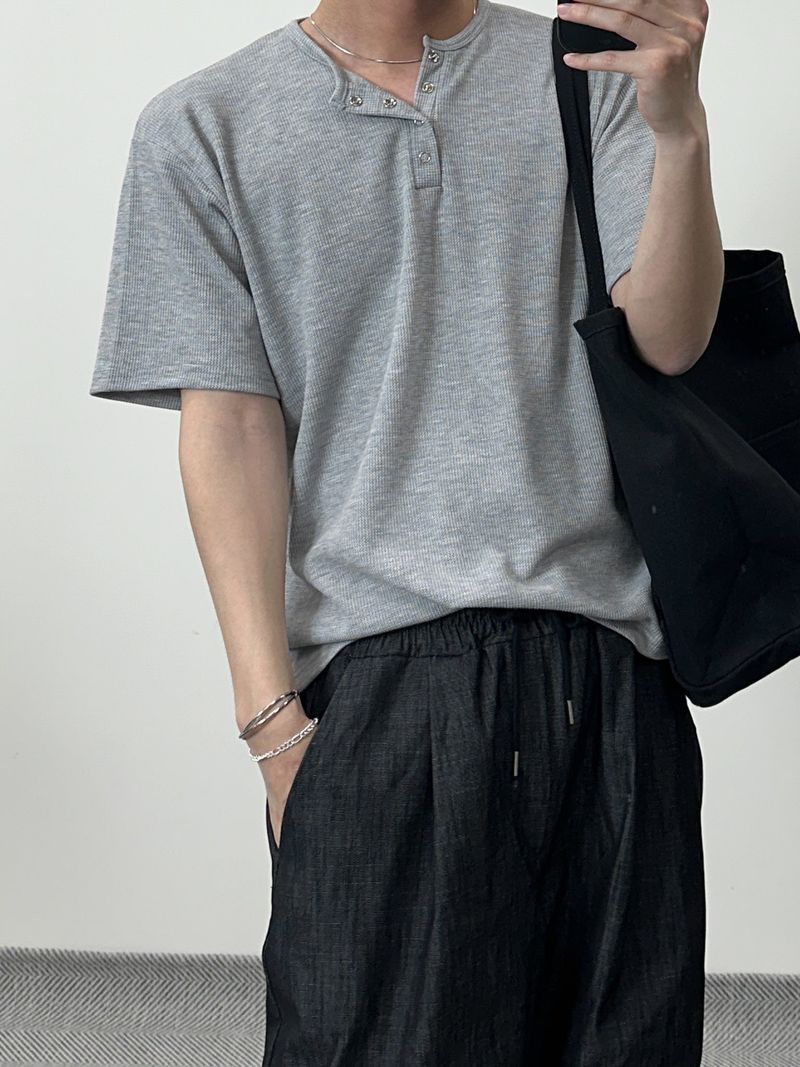 ワッフルヘンリーネックハーフTシャツ
