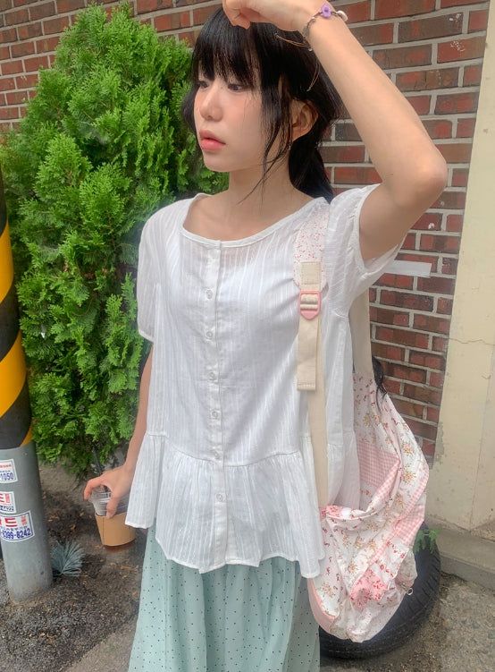 Roden Frill Cotton Balloon Short Sleeve Blouse