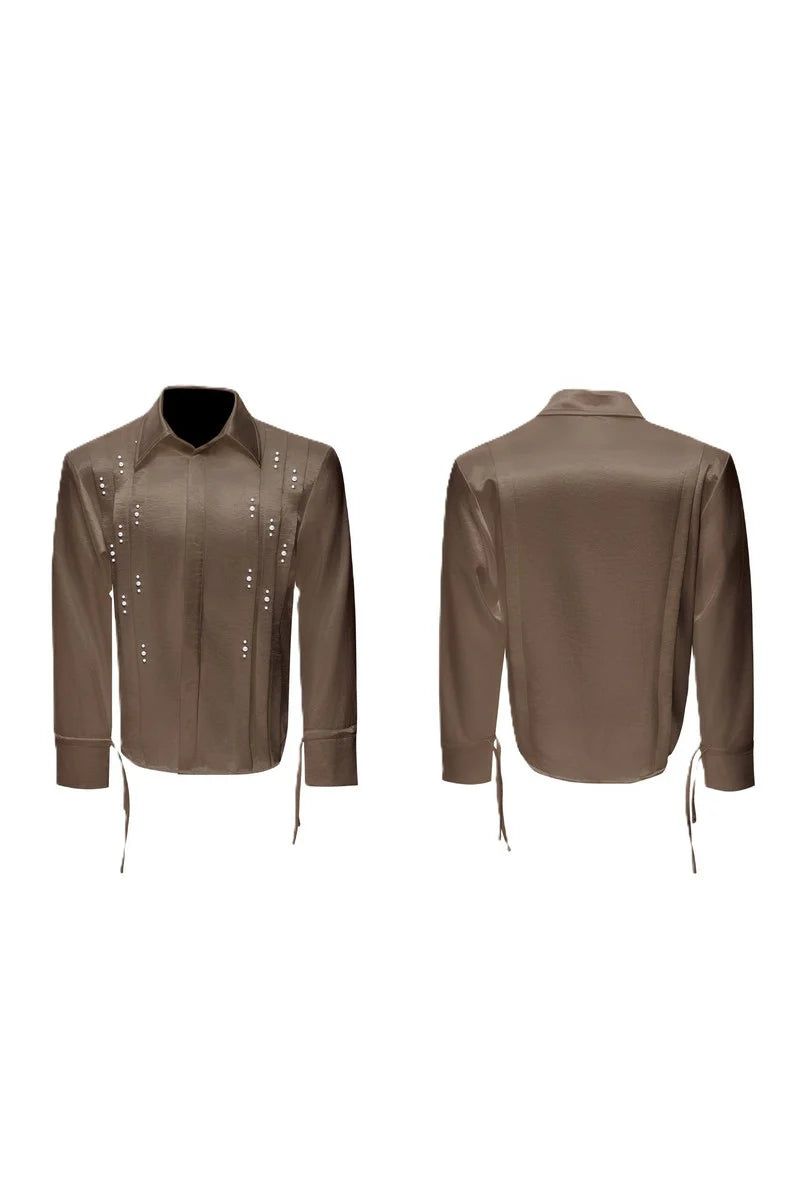 Metallic Tie Pearl Pleated Shirt