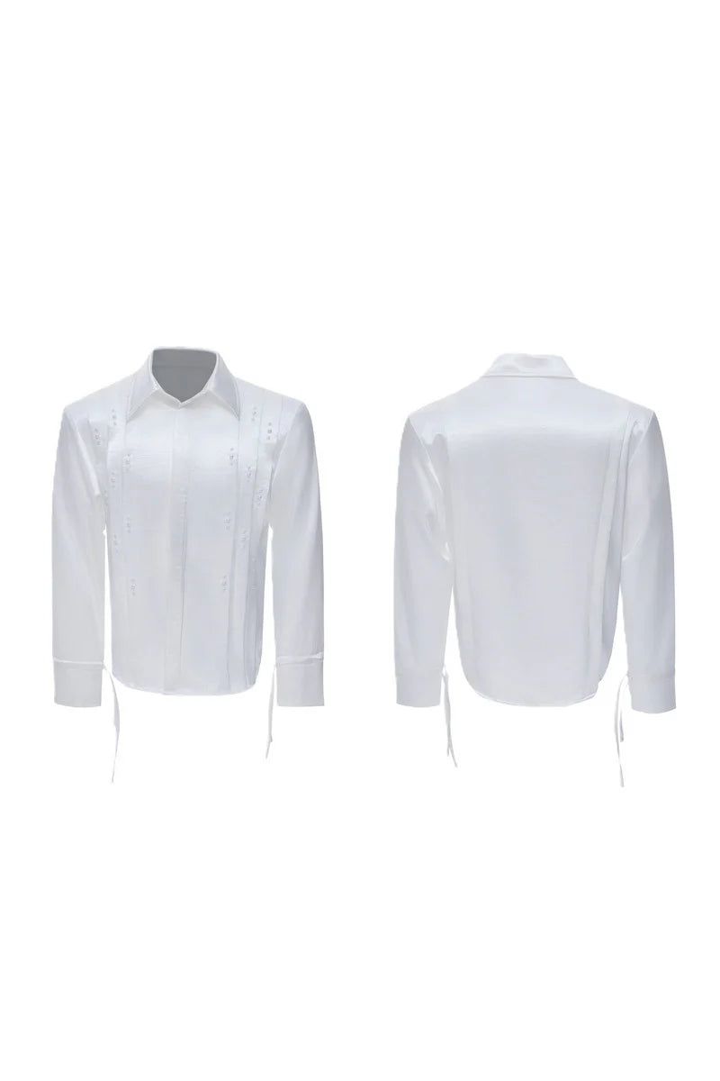 Metallic Tie Pearl Pleated Shirt