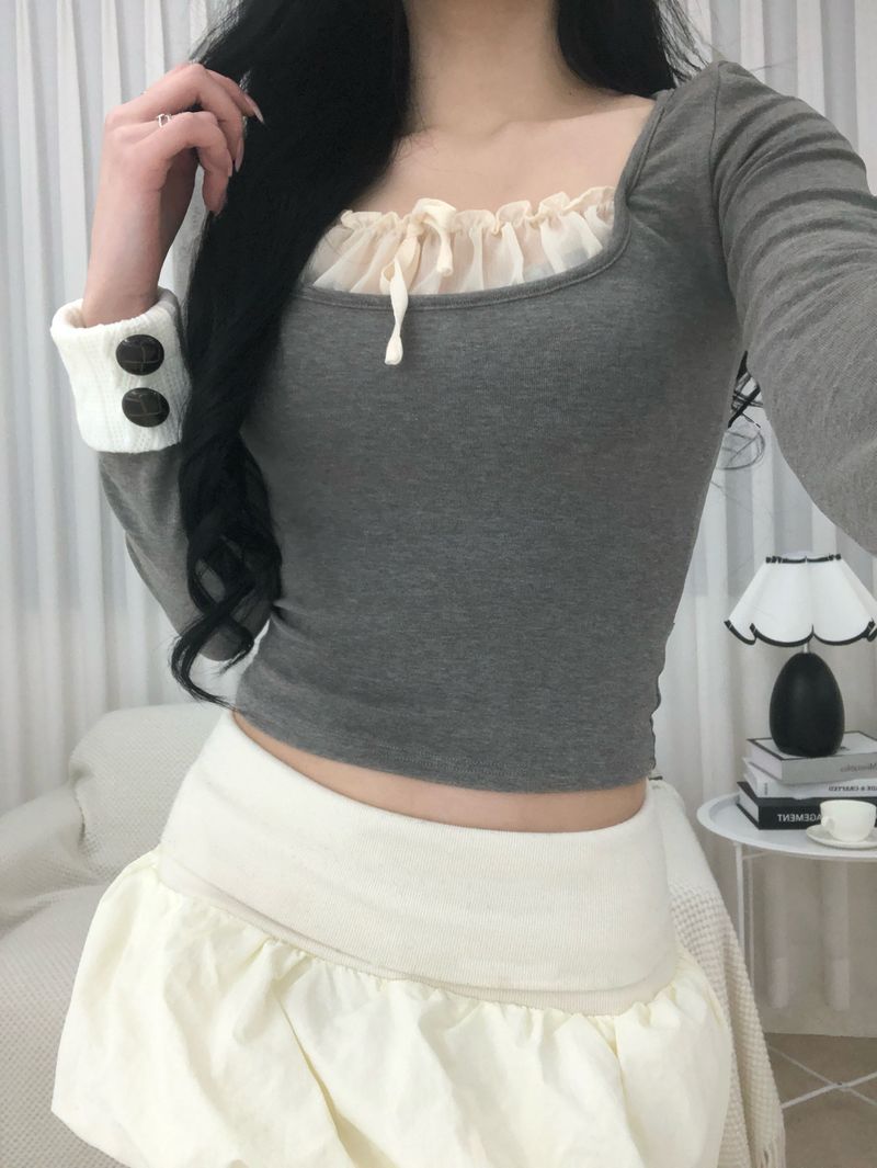 Gray Frill Mix Knit Top