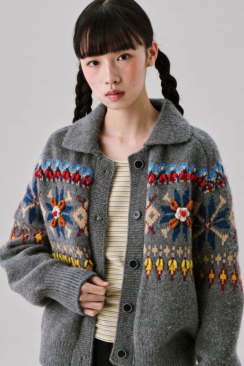 Grid Jacquard Cardigan [Gray]