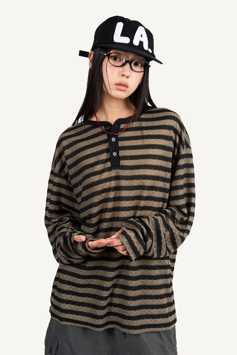 Raucohouse(ラウコハウス)の「Striped Henley neck long sleeve knit(Tops)」