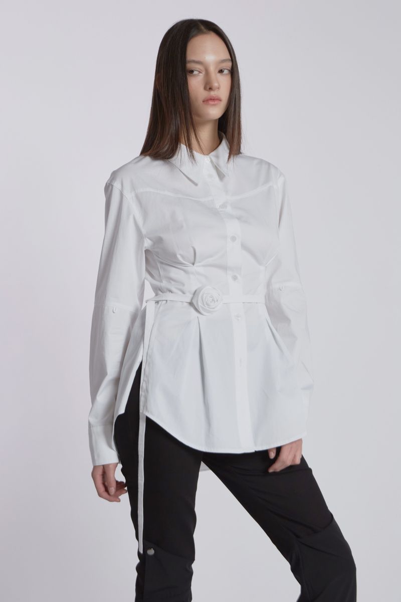 PINTUCK ROSE BELT SHIRT(WHITE)