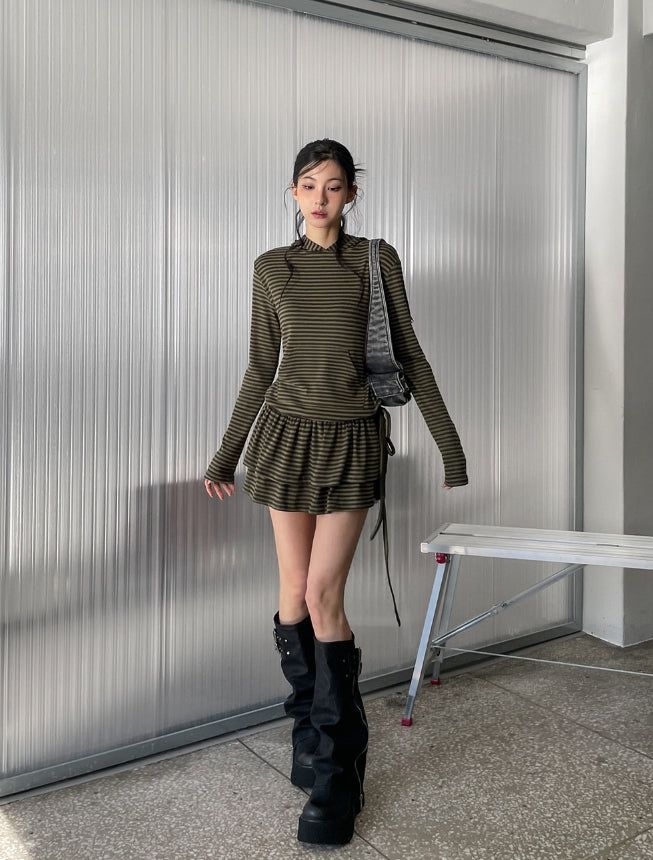 ULAN（ユレン）の「ベリーストライプフードフレアラップスカートセット（セットアップ）」
