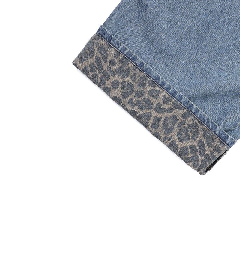 Leopard Cross Patch Roll-Up Denim Pants - Deep Blue