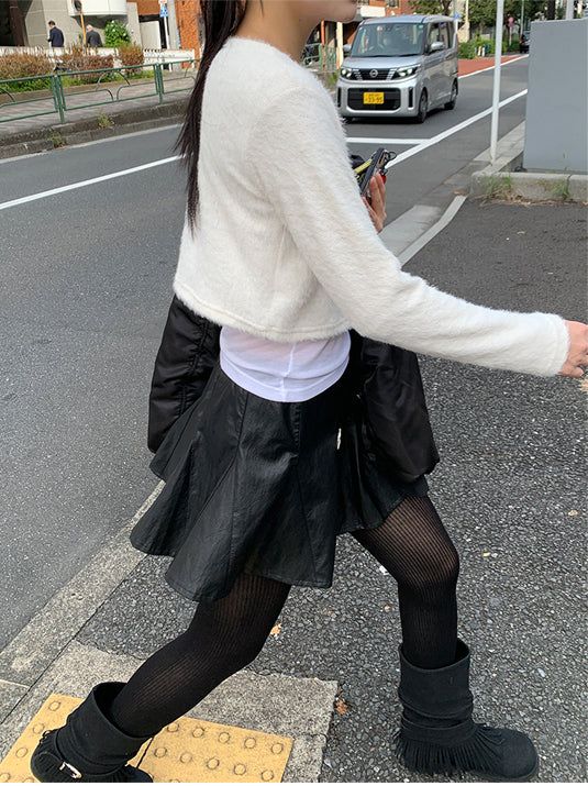RIBBON FLARE LEATHER MINI SKIRT (2C)