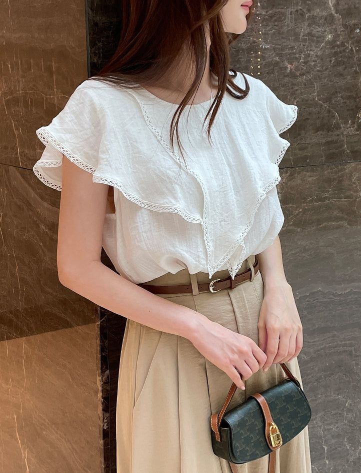 Gobel Lace Ruffle Linen Blouse