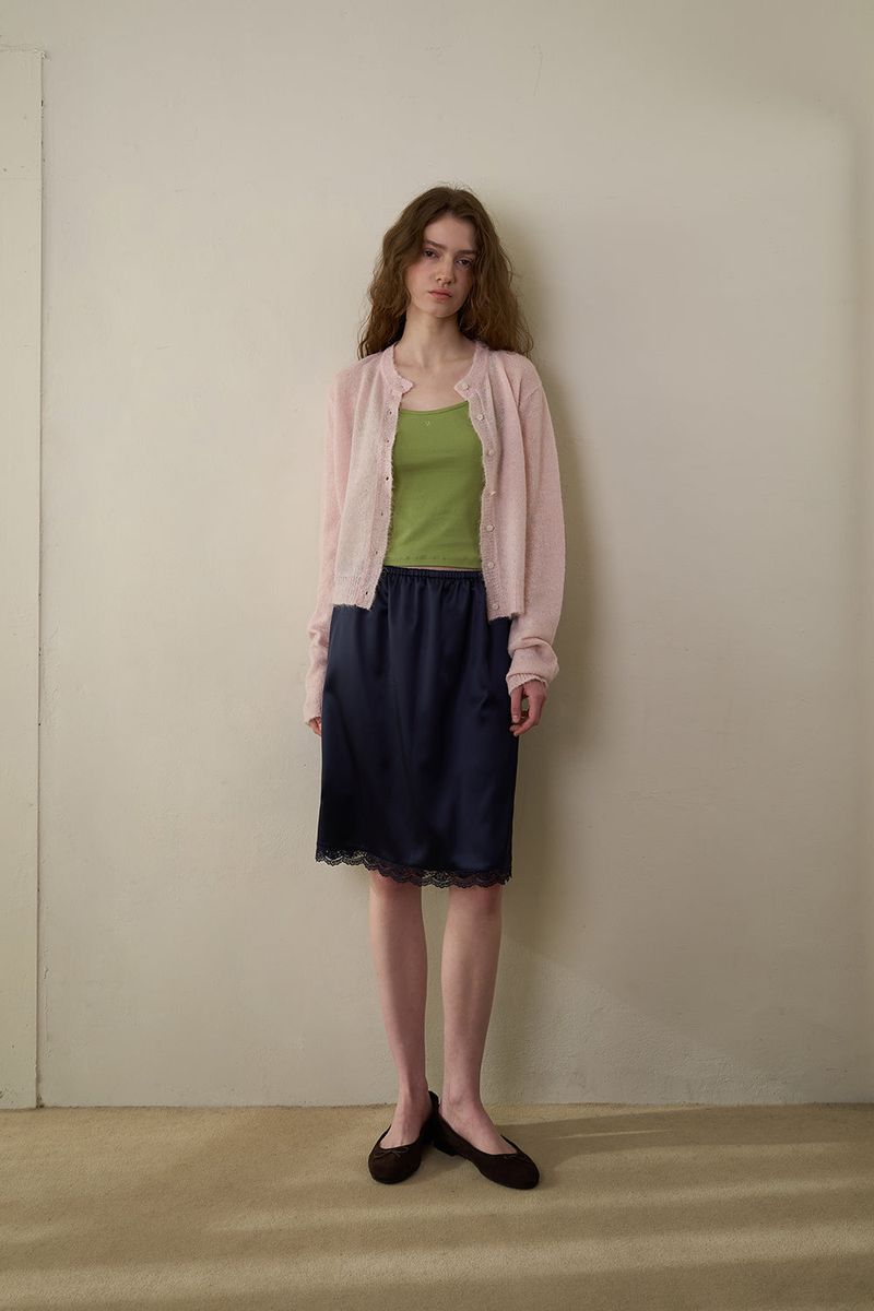 WITHOUTSUMMER（ウィズアウトサマー）の「Satin midi skirt_navy（Skirts）」