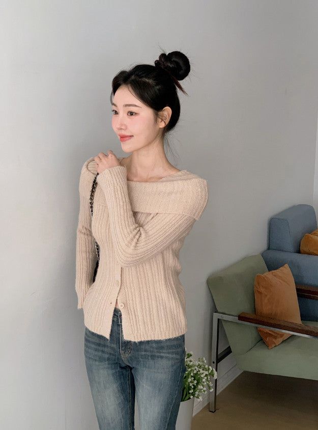 #Romantic Rib Off Shoulder Button Knit (3color)