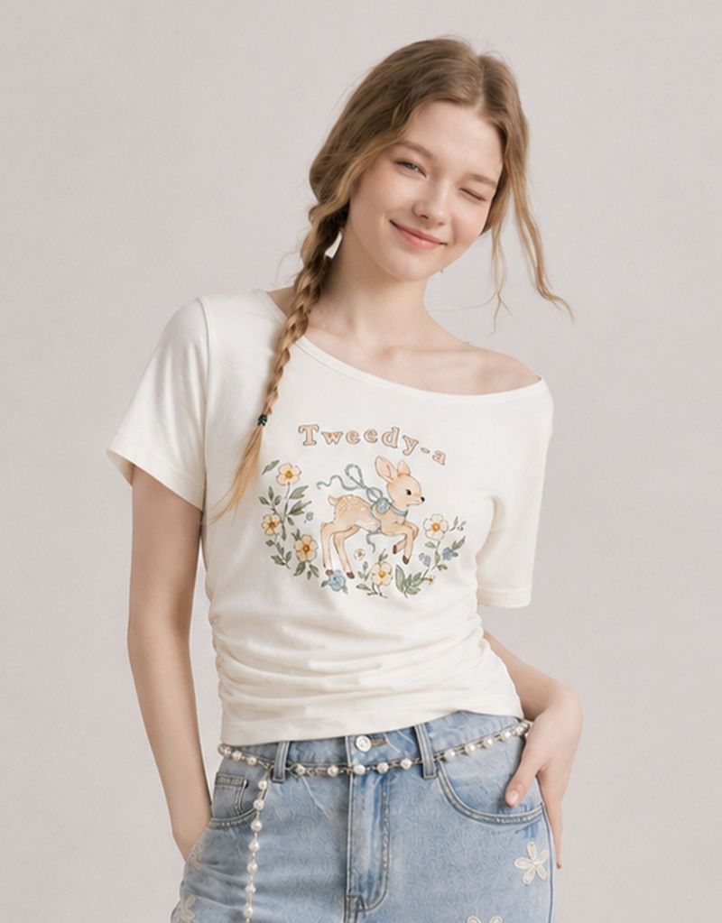 ダイアサマーヴィンテージグラフィックシャーリングワンショルダーTシャツ アイボリー