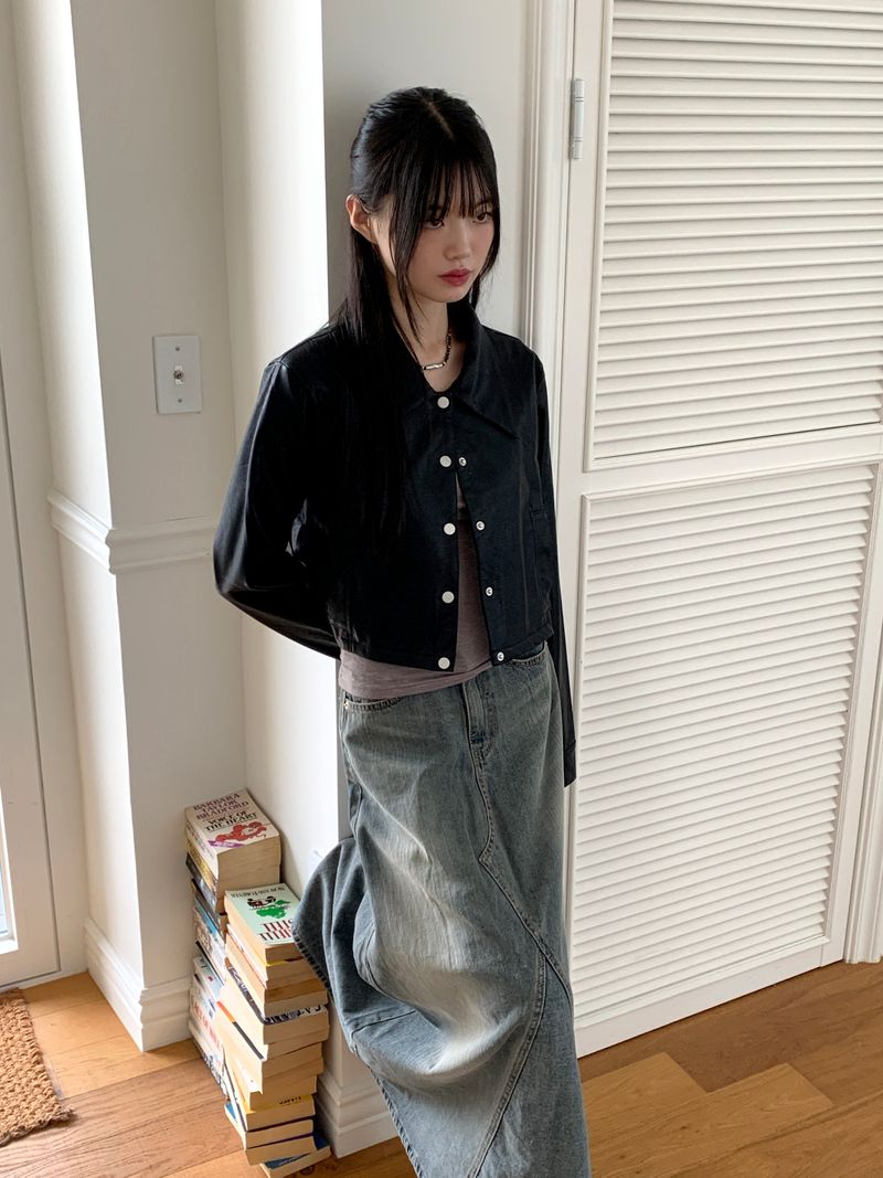 [MADE] Lawson wide collar slim crop crack leather leather jacket