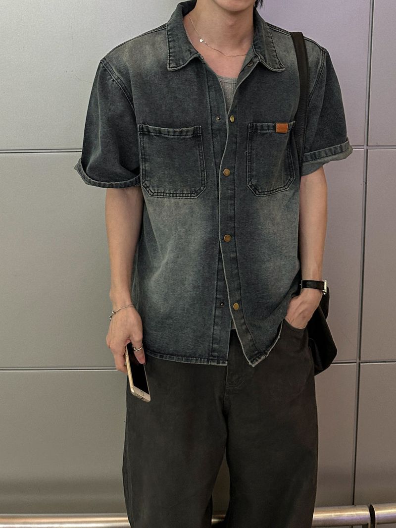 Snap Washed Label Denim Shirt