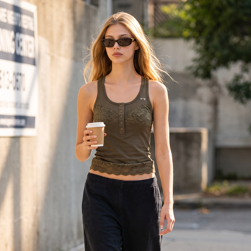 GLOW EVENING CLUB（グロー イブニング クラブ）の「LACE SLEEVELESS [KHAKI]（Tops）」