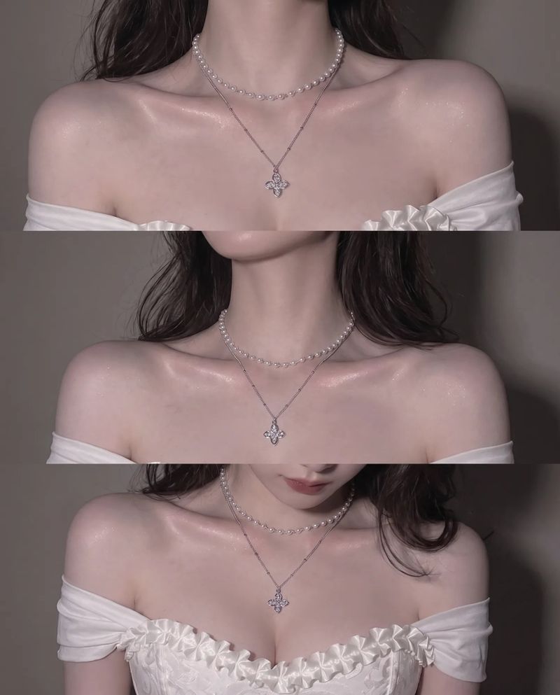 [NMIXX ジウ Necklace] ルナ ブロッサム レイヤード ネックレス - Silver color