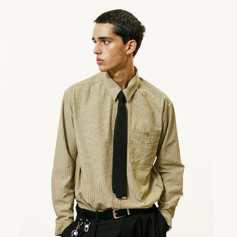 [SET] everyday stripe shirt & square tip knit tie olive