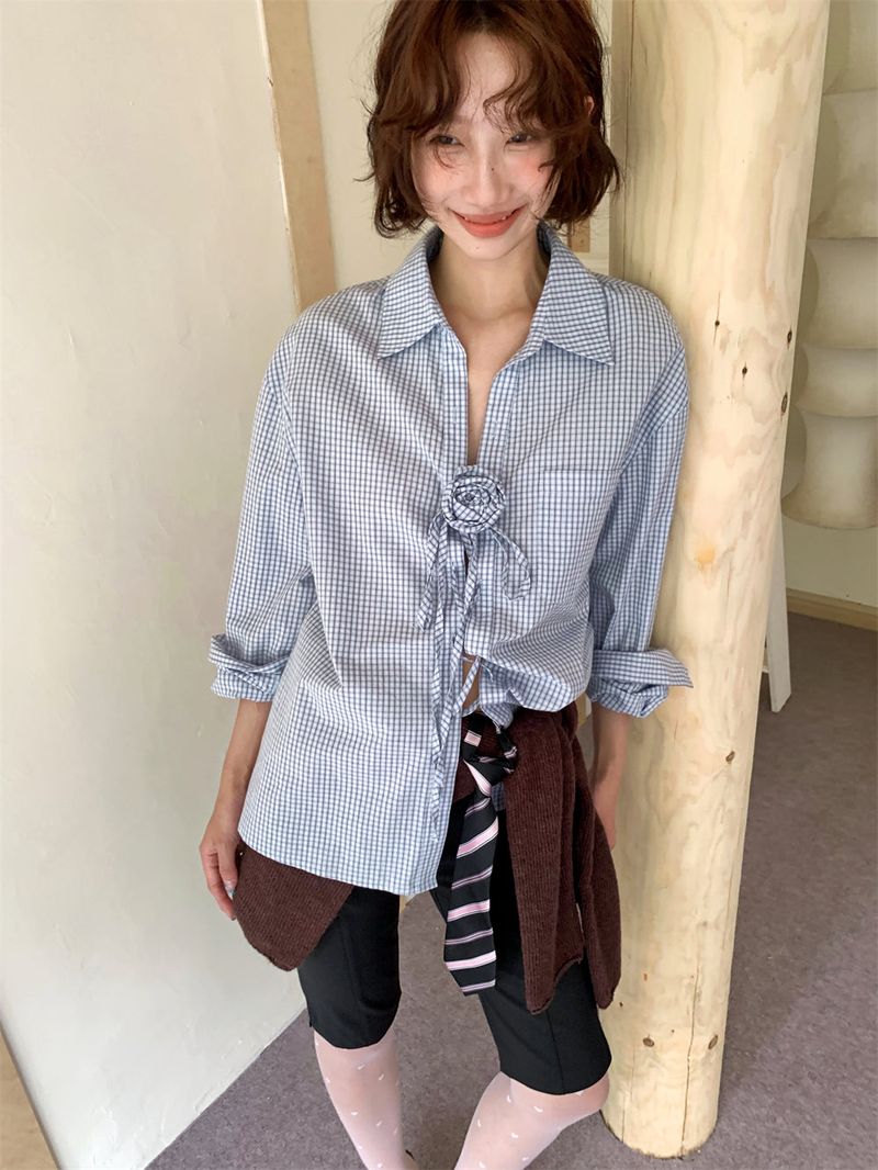 French Corsage Shirring Flower Tie Loose-Fit Check Shirt