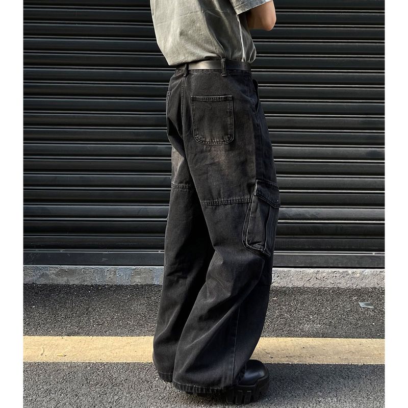 Ford Diagonal Zipper Cargo Wide Denim Pants (DP37657)