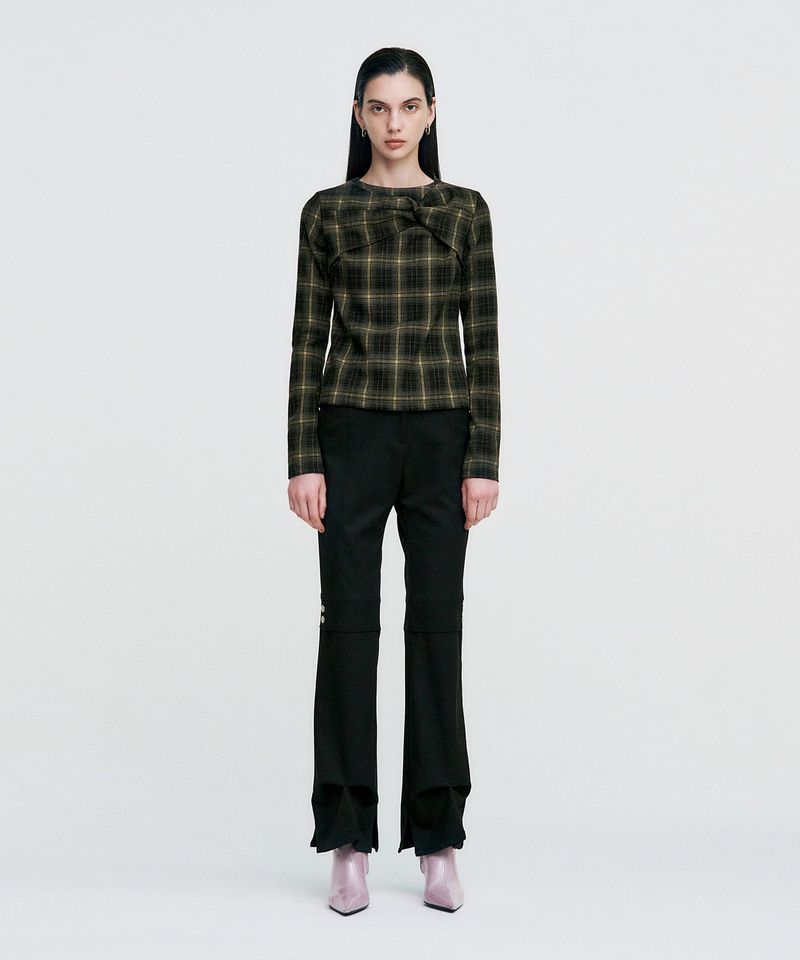 Twisted Check High-neck Top _ KHAKI