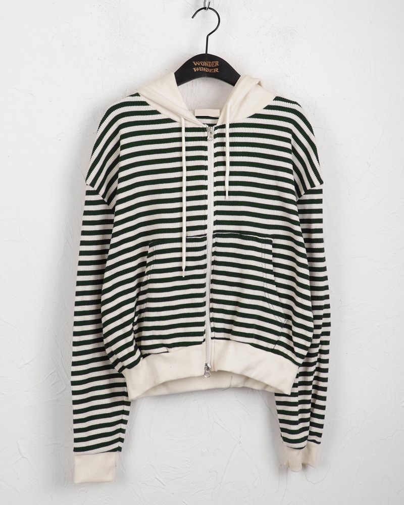 Ternet color striped two-way waffle hood zip-up