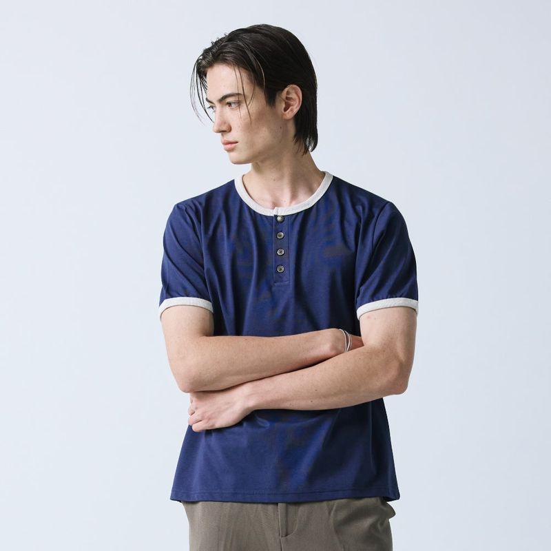 henley neck concho ringer t-shirt navy