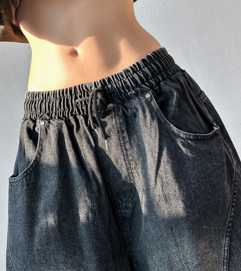 Devil Rivet Elastic Waist Balloon Denim Pants 2color