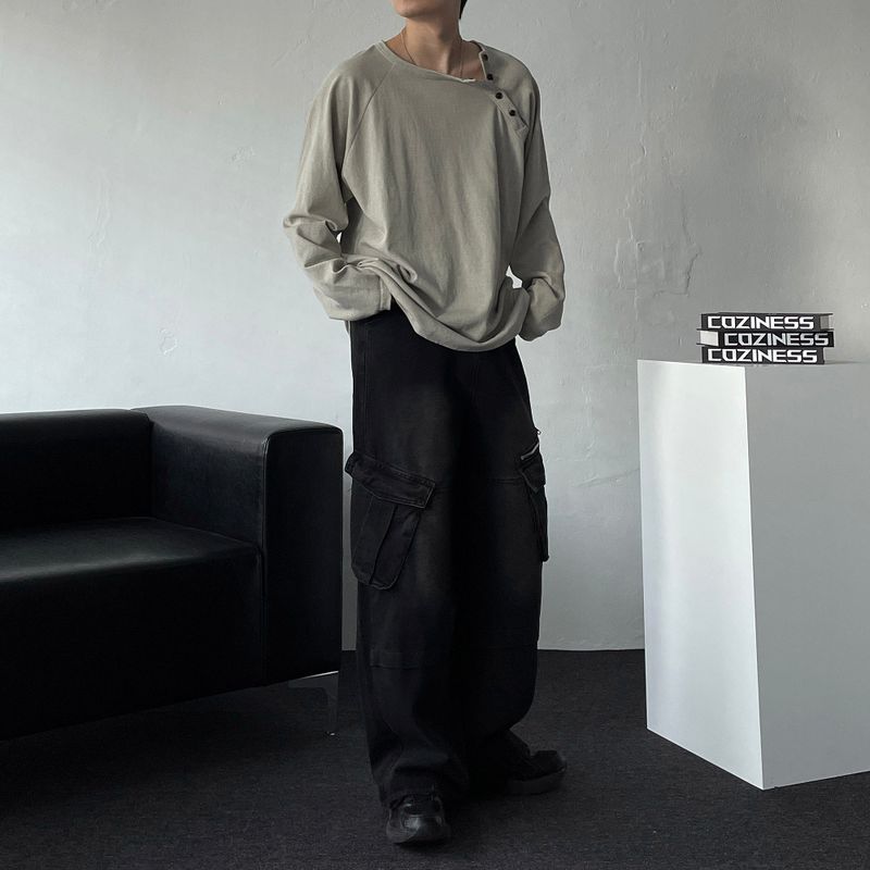 Ford Diagonal Zipper Cargo Wide Denim Pants (DP37657)