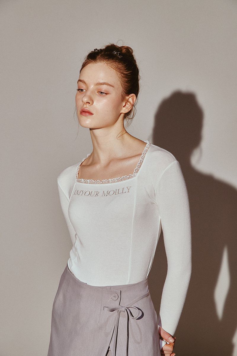 Square Neck Lace Long Sleeve Ivory