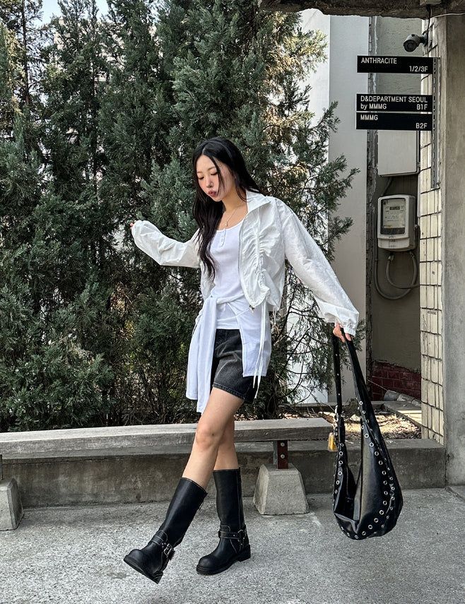 Sunlit strap shirring nylon zip-up jacket