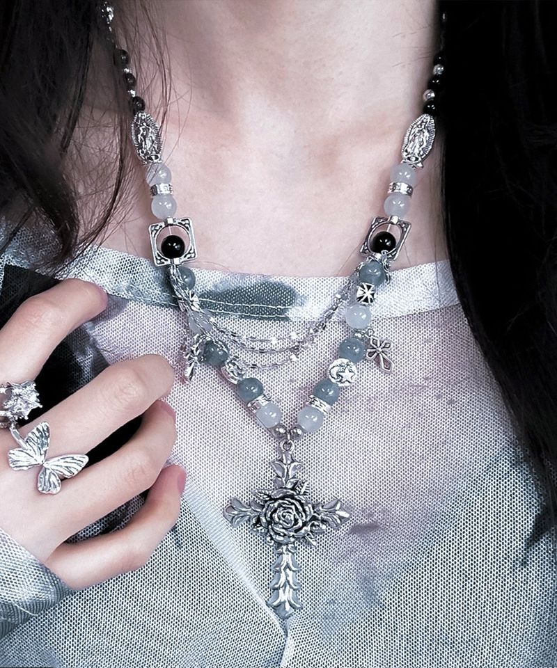 Rose Cross Layered Chain Necklace