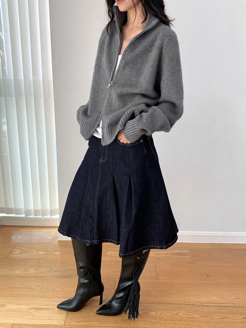 Stand Collar High Neck Zip-Up Long Sleeve Knitwear