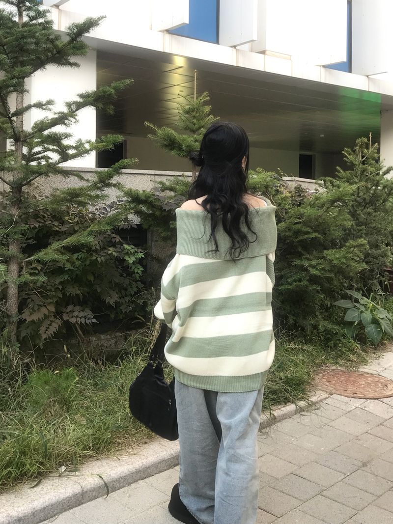 Off-shoulder Oversized Fit Stripe Knitwear