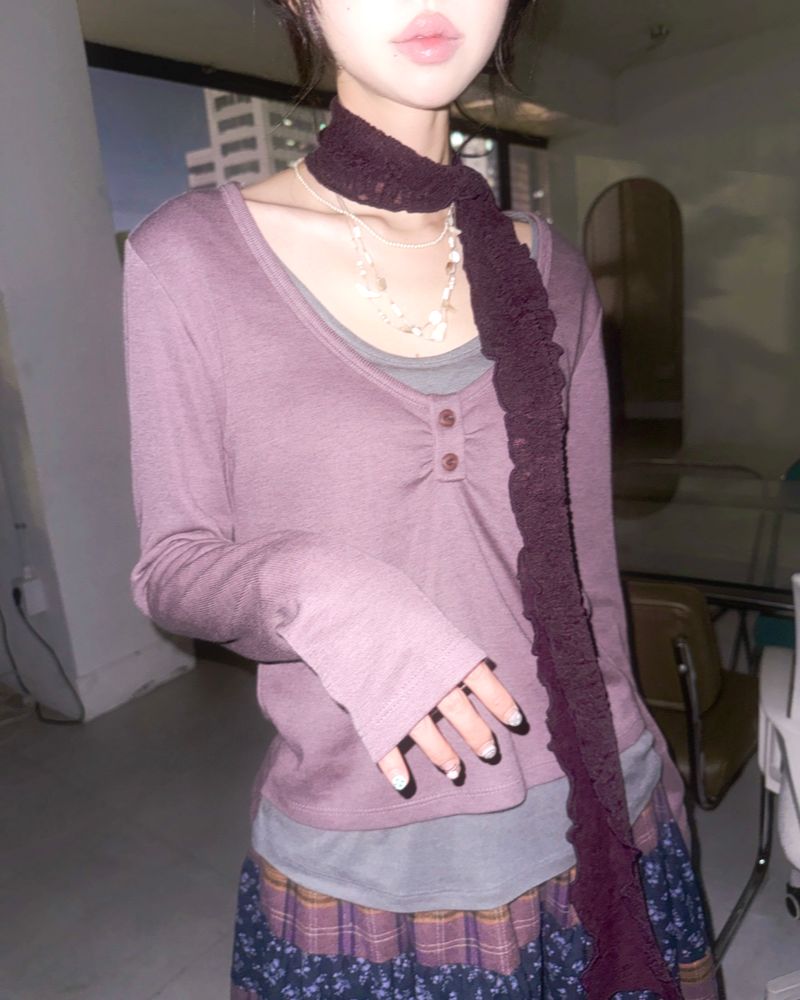(3color) Shirring Button Layered Wool Knit Tee