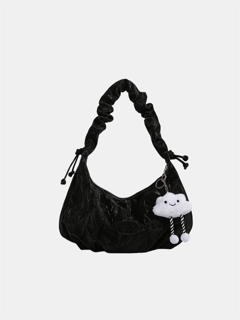 Cloud doll key ring bag denim washed leather wave pattern wrinkle strap zipper shoulder bag