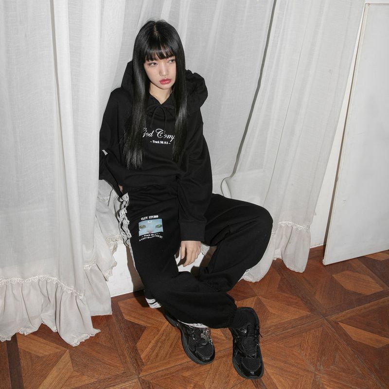Lace Cat Jogger Pants - BLACK
