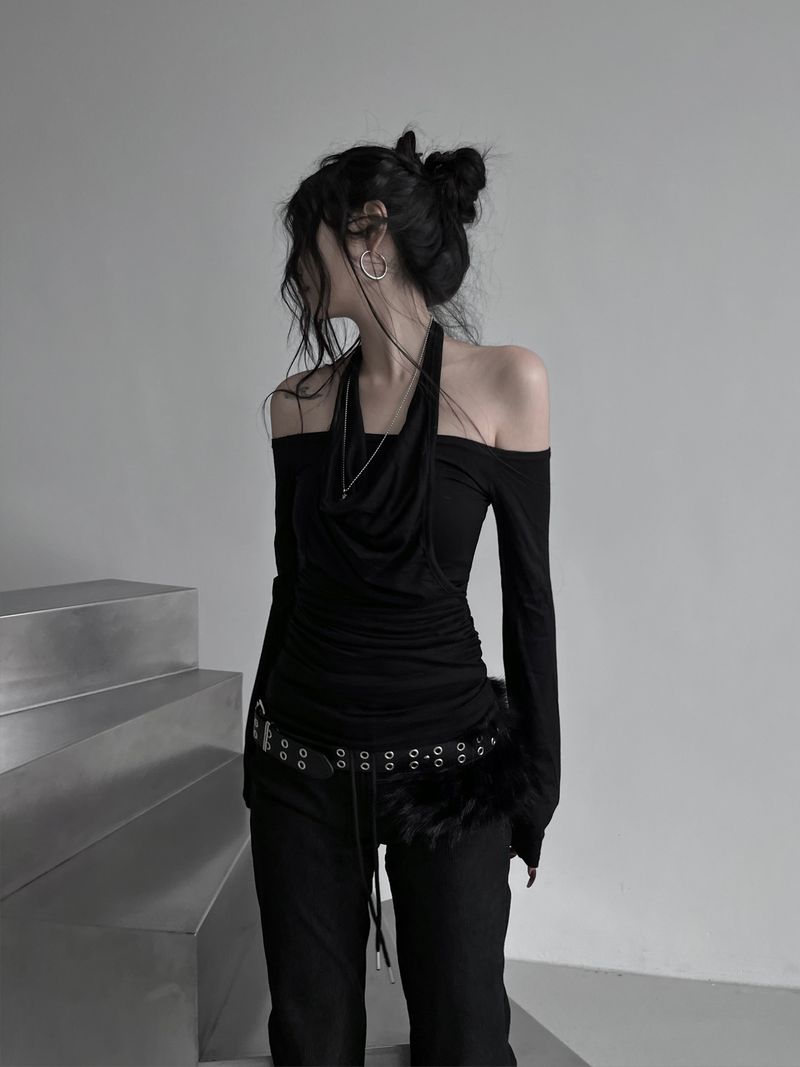 drape off-shoulder halter T (2color)