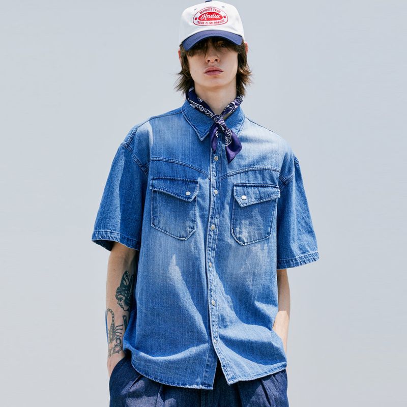 WASHED DENIM WESTERN SHIRT BLUE