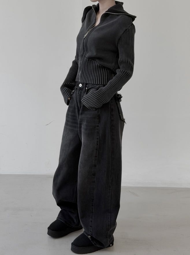Hard high-neck washed knit zip-up