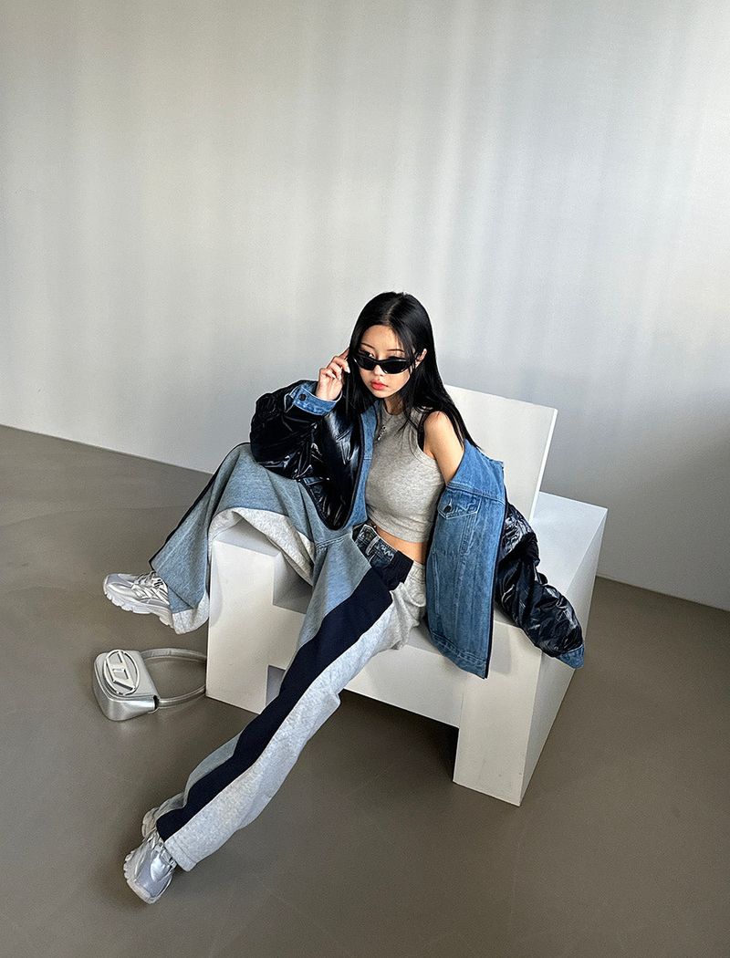 Double-sided reversible denim padded coat