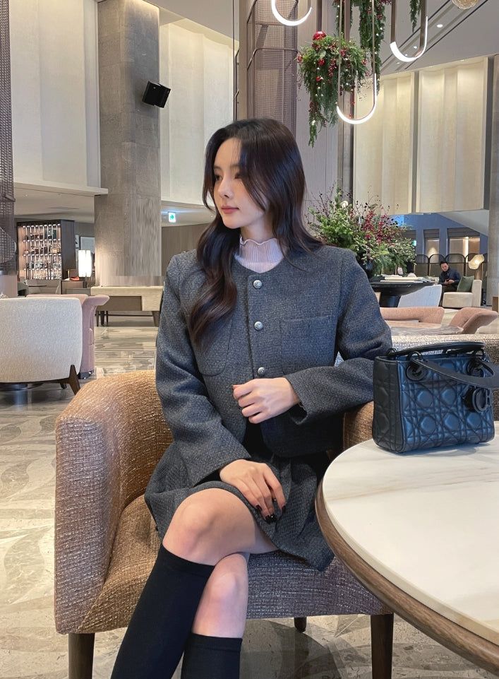 Deli Pocket No Collar Tweed Short Jacket