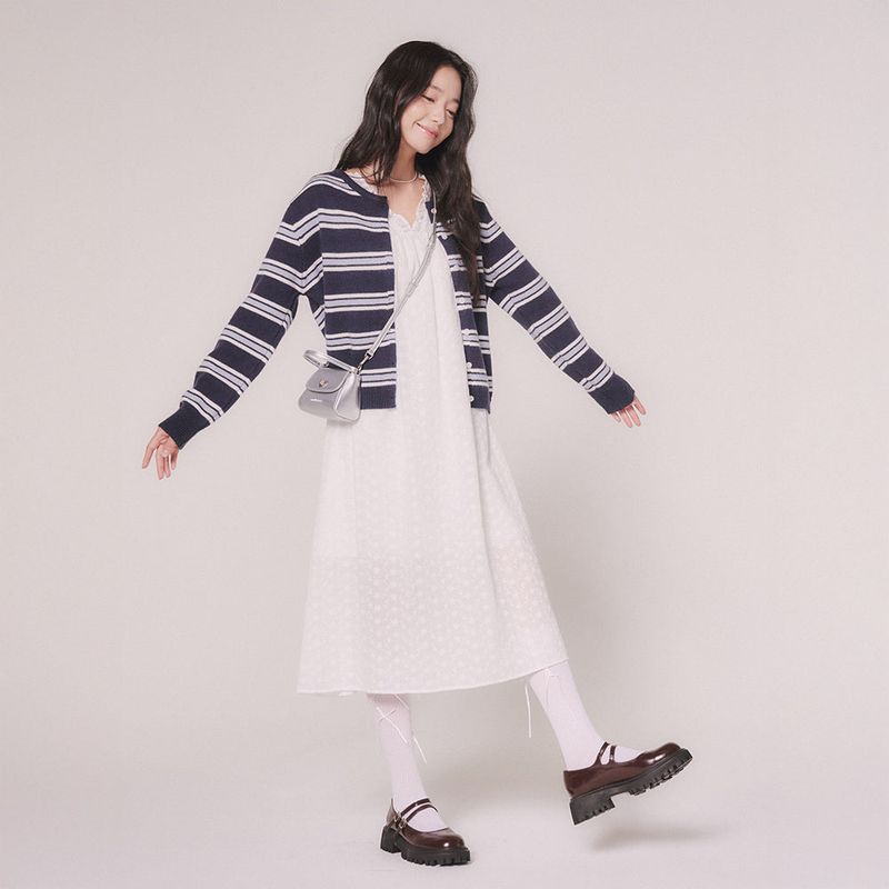 mellotory(メロートリー)の「STRIPE KNIT CARDIGAN (NAVY)(Tops)」