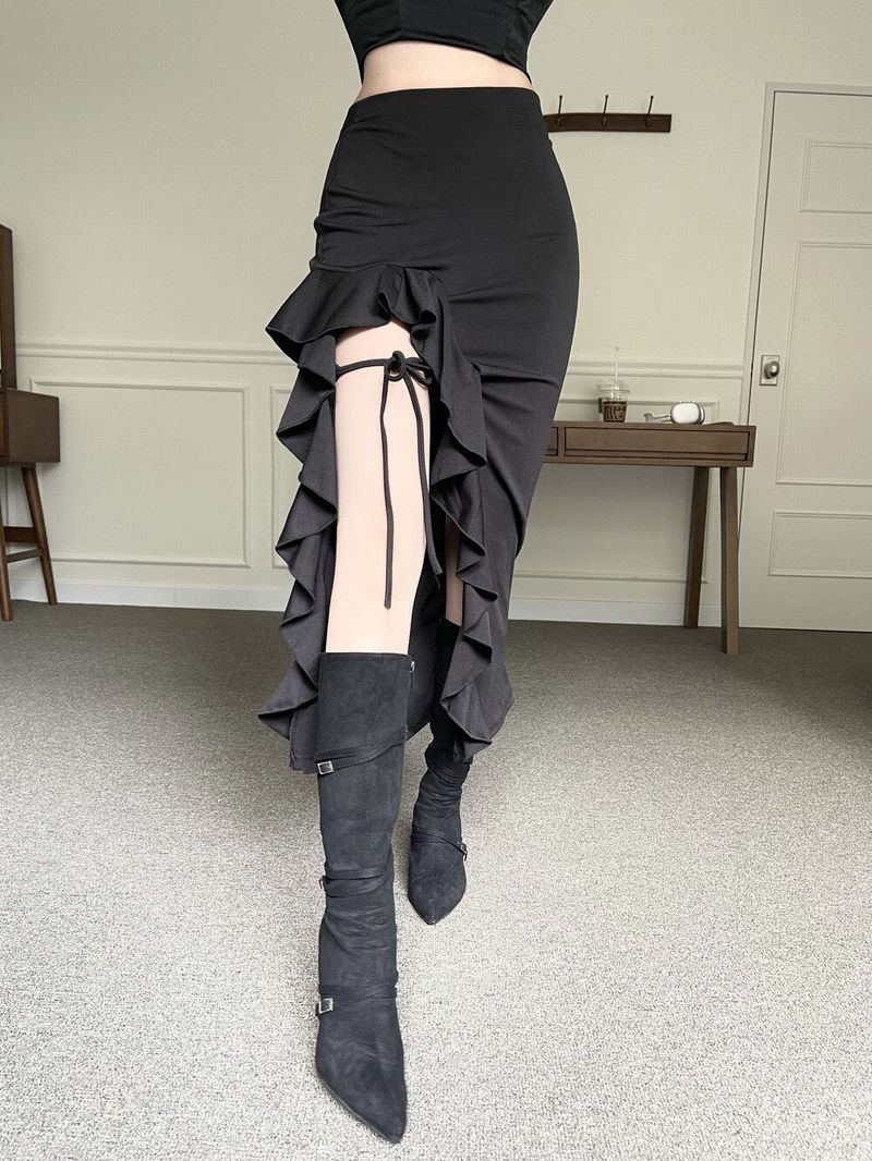 Seow（ソウ）の「 Frill slit ribbon long sk（Skirts）」