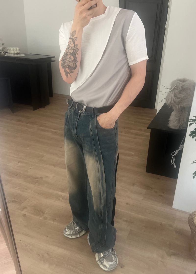 Wave-washed incision wide denim(2colors)