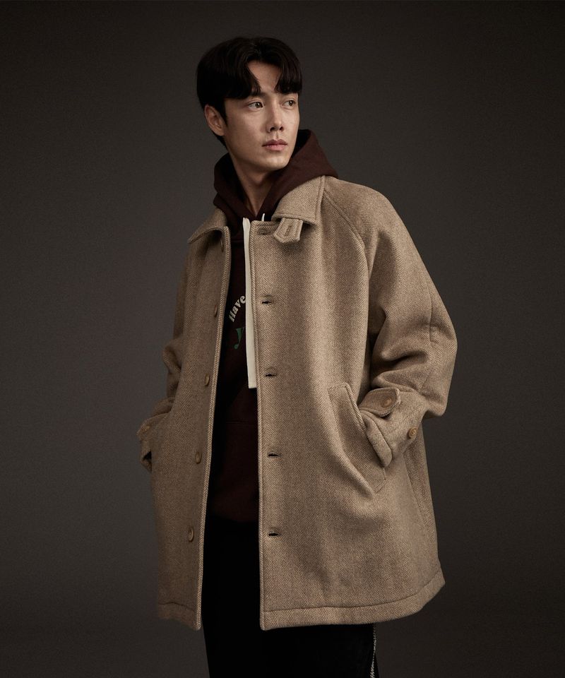 BALMACAAN HERRINGBONE WOOL CASHMERE HALF COAT BEIGE